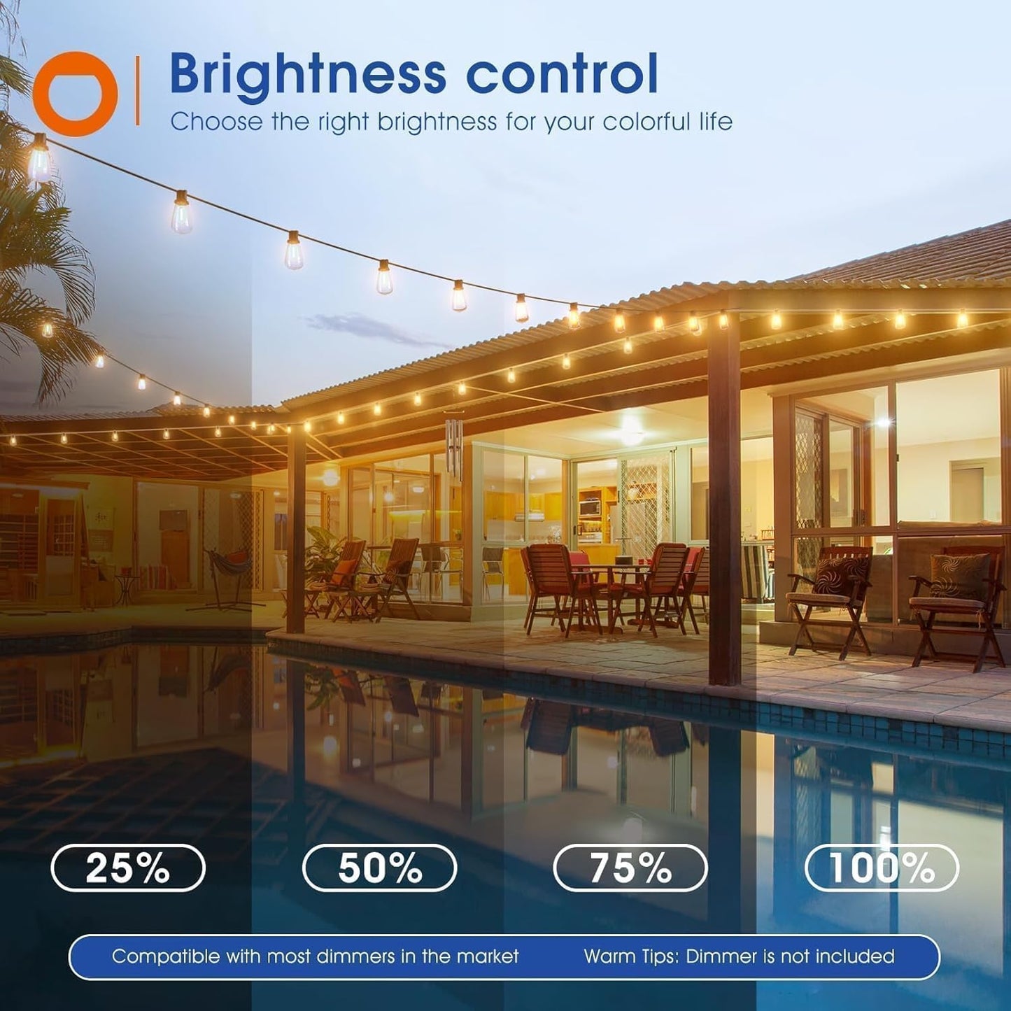 100FT(50FT*2) LED Outdoor String Lights Waterproof Patio Lights with Shatterproof ST38 Replaceable Bulbs, Dimmable outside Hanging Light Connectable for Porch, Backyard, 2200K