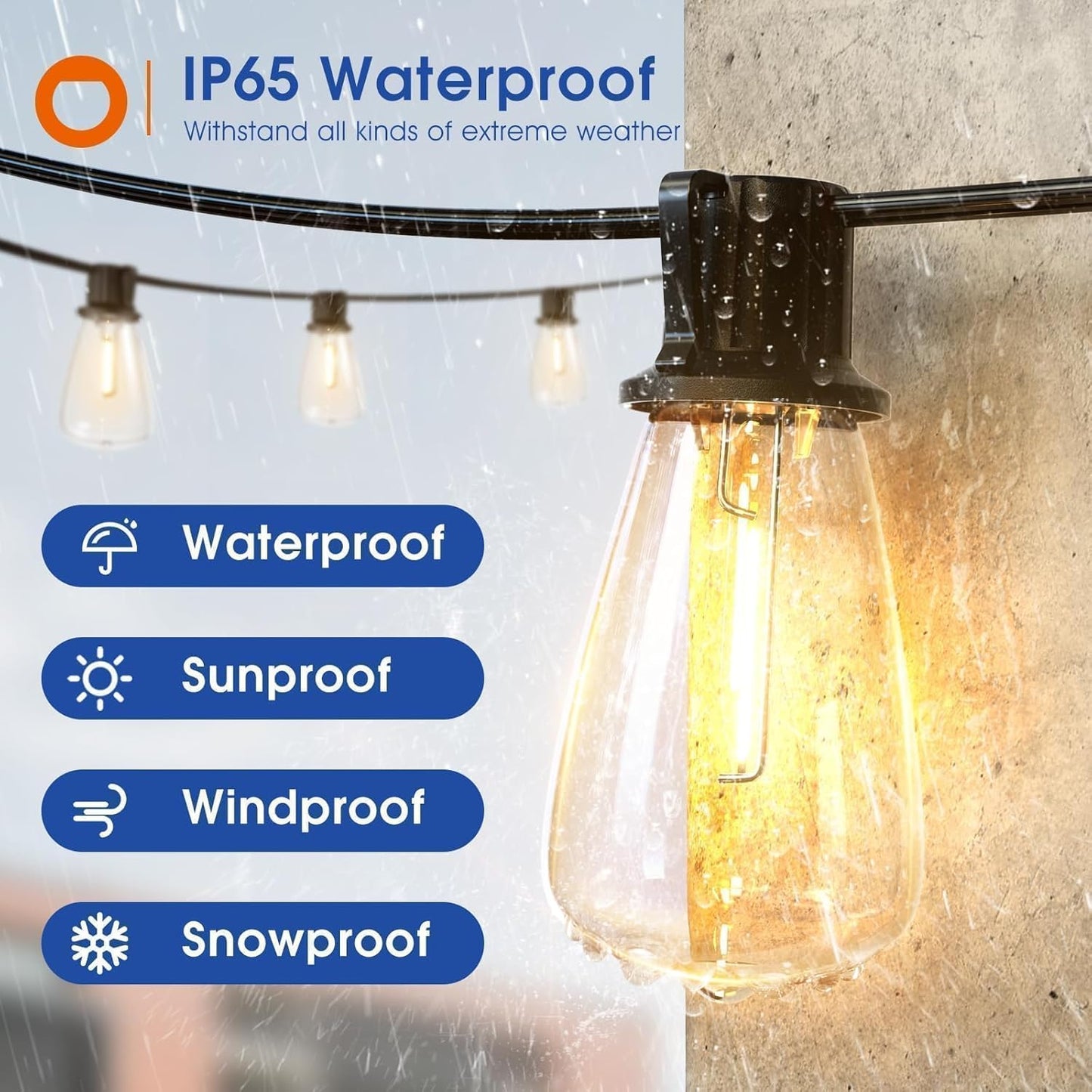 100FT(50FT*2) LED Outdoor String Lights Waterproof Patio Lights with Shatterproof ST38 Replaceable Bulbs, Dimmable outside Hanging Light Connectable for Porch, Backyard, 2200K