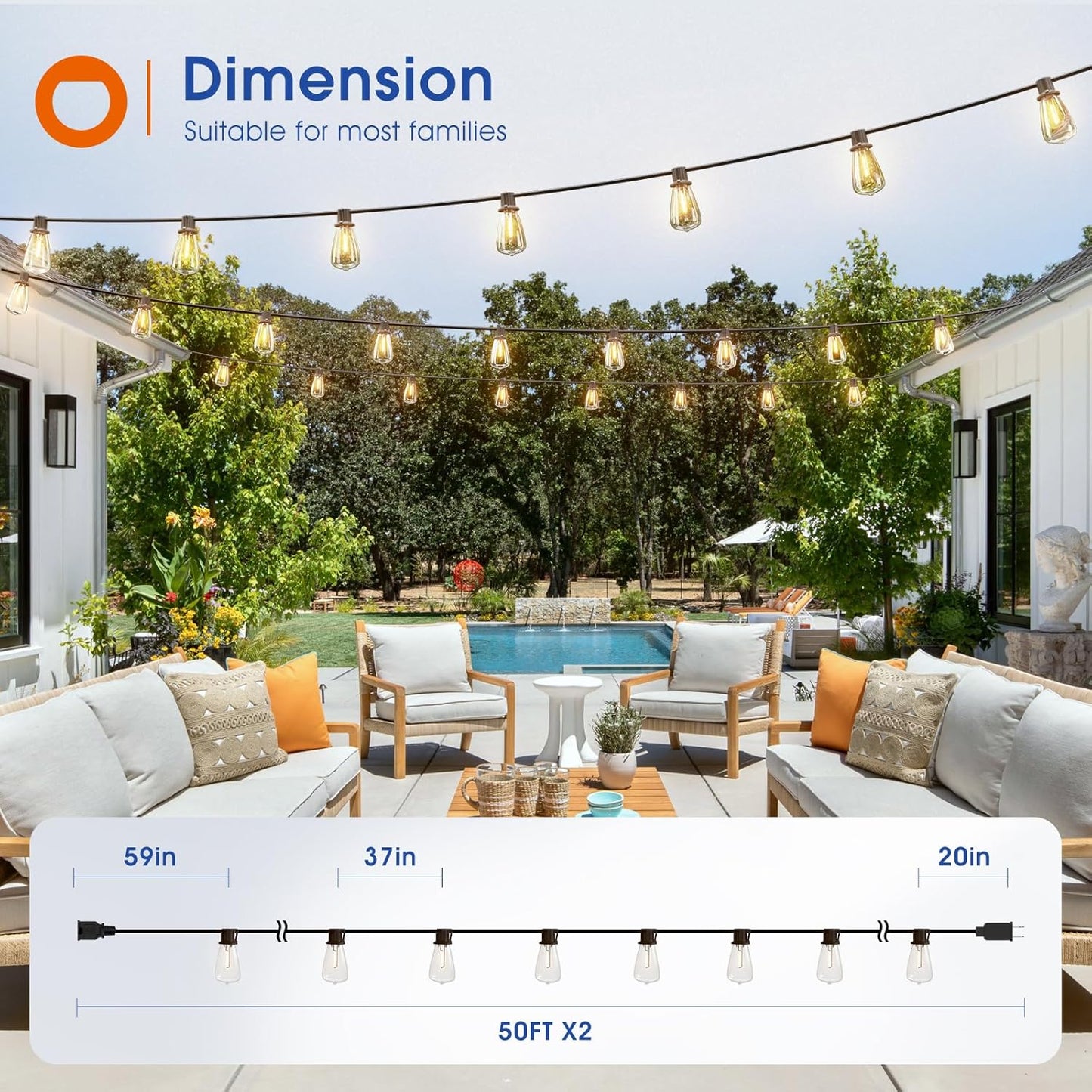 100FT(50FT*2) LED Outdoor String Lights Waterproof Patio Lights with Shatterproof ST38 Replaceable Bulbs, Dimmable outside Hanging Light Connectable for Porch, Backyard, 2200K