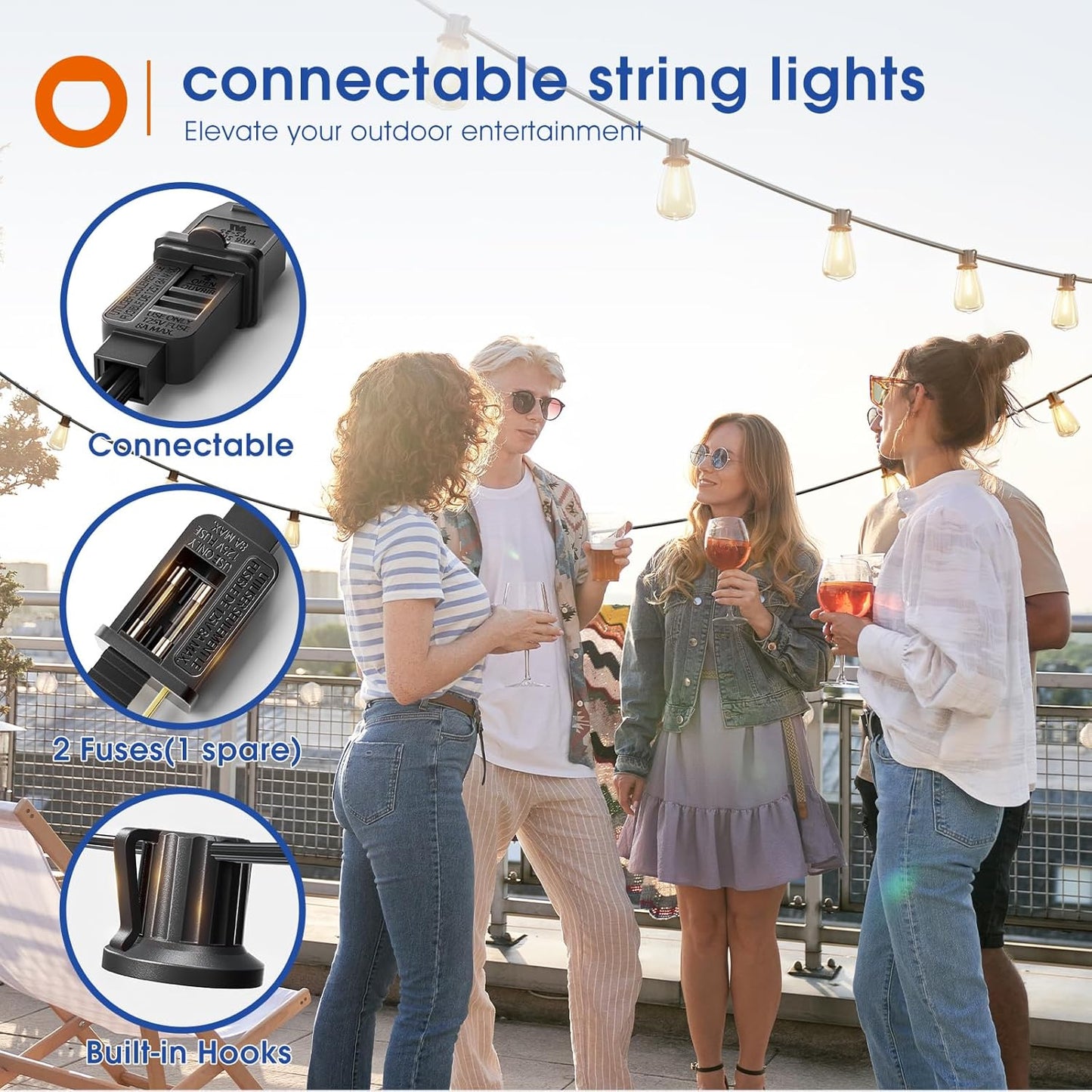 100FT(50FT*2) LED Outdoor String Lights Waterproof Patio Lights with Shatterproof ST38 Replaceable Bulbs, Dimmable outside Hanging Light Connectable for Porch, Backyard, 2200K