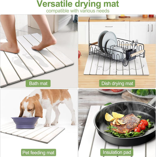 Large Stone Dish Drying Mats for Kitchen Counter, 24X16 Quick Dry Absorbent Drying Matt Kitchen Counter, Diatomaceous Earth Dish Drying Mat, Collapsible Dish Mat Dish Pads for Drying, White