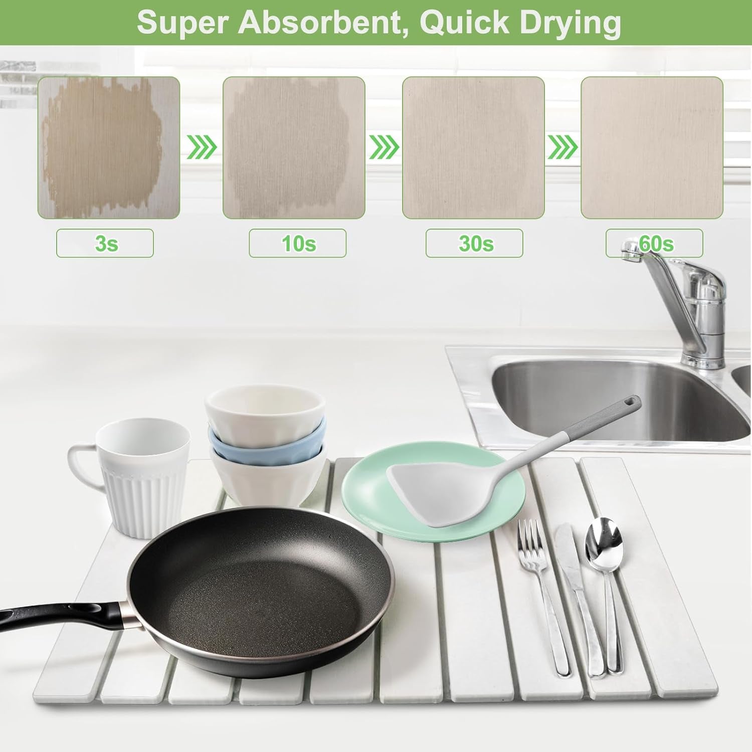Large Stone Dish Drying Mats for Kitchen Counter, 24X16 Quick Dry Absorbent Drying Matt Kitchen Counter, Diatomaceous Earth Dish Drying Mat, Collapsible Dish Mat Dish Pads for Drying, White