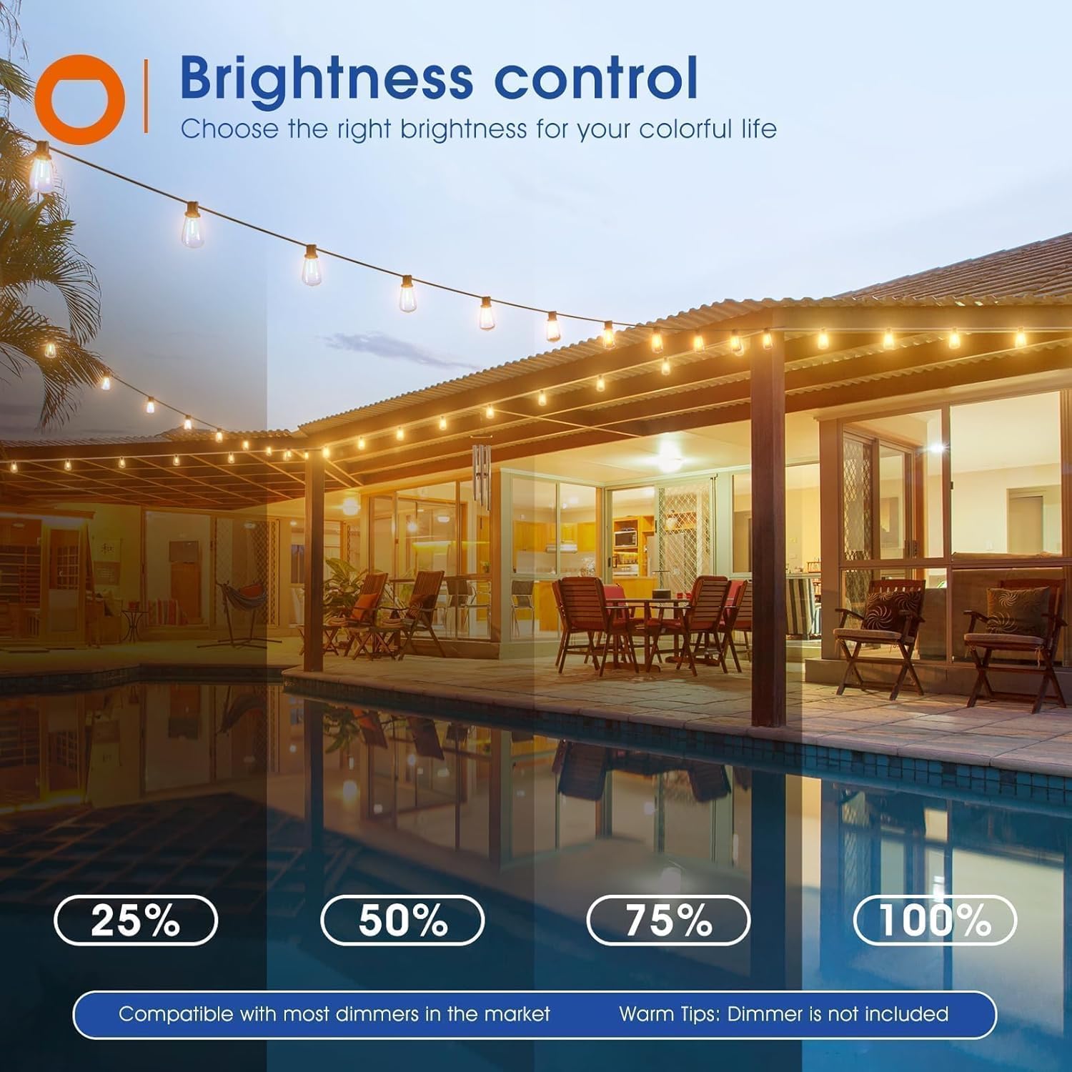 100FT(50FT*2) LED Outdoor String Lights Waterproof Patio Lights with Shatterproof ST38 Replaceable Bulbs, Dimmable outside Hanging Light Connectable for Porch, Backyard, 2200K