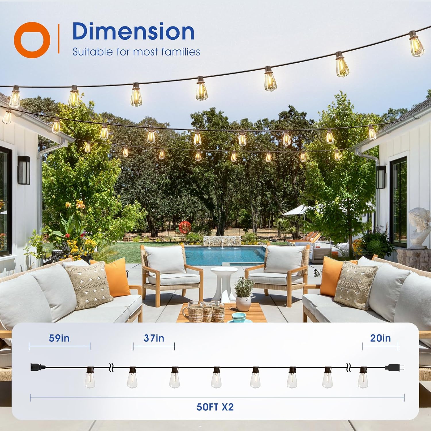 100FT(50FT*2) LED Outdoor String Lights Waterproof Patio Lights with Shatterproof ST38 Replaceable Bulbs, Dimmable outside Hanging Light Connectable for Porch, Backyard, 2200K