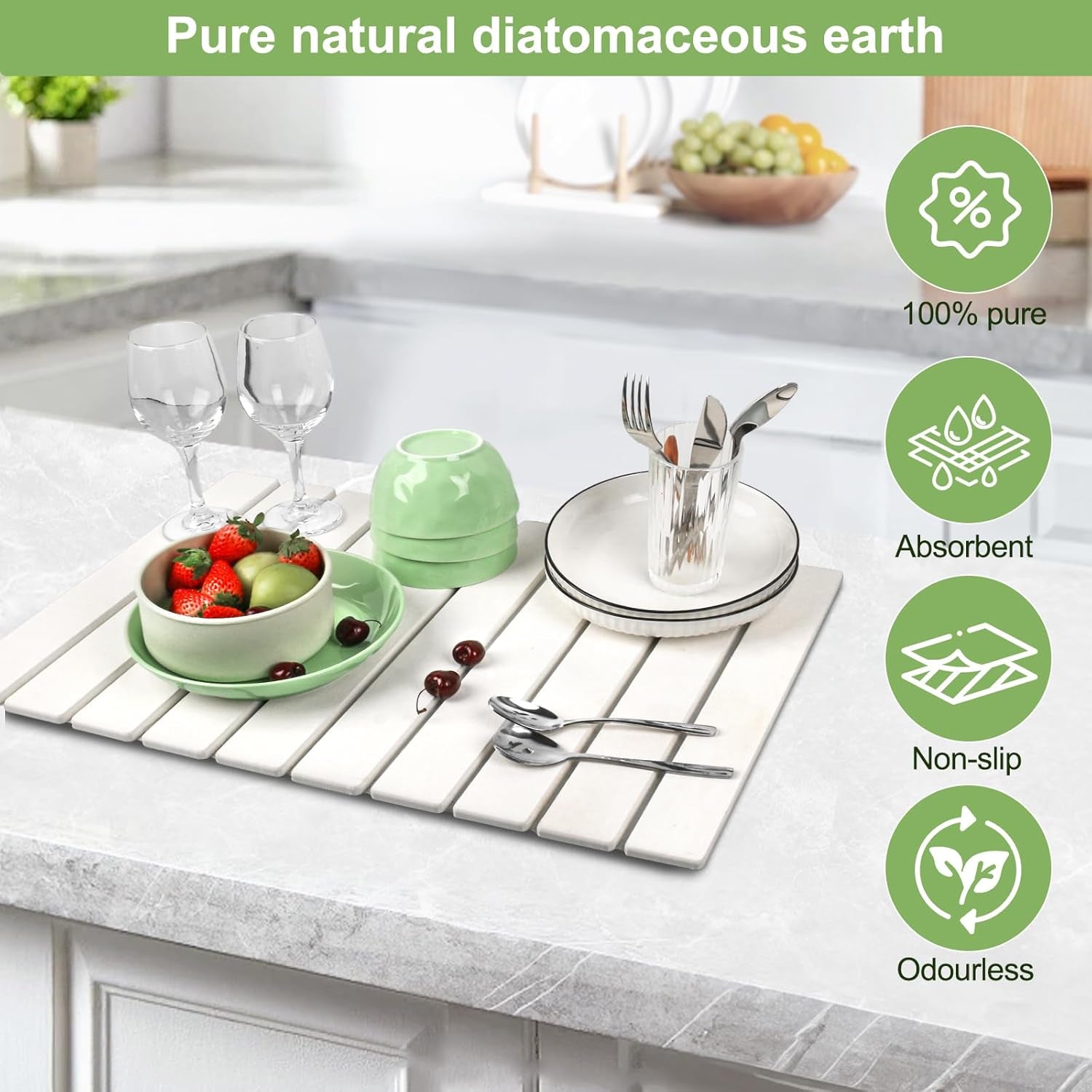 Large Stone Dish Drying Mats for Kitchen Counter, 24X16 Quick Dry Absorbent Drying Matt Kitchen Counter, Diatomaceous Earth Dish Drying Mat, Collapsible Dish Mat Dish Pads for Drying, White